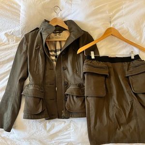 Burberry Brit khaki green jacket and skirt sold as set.